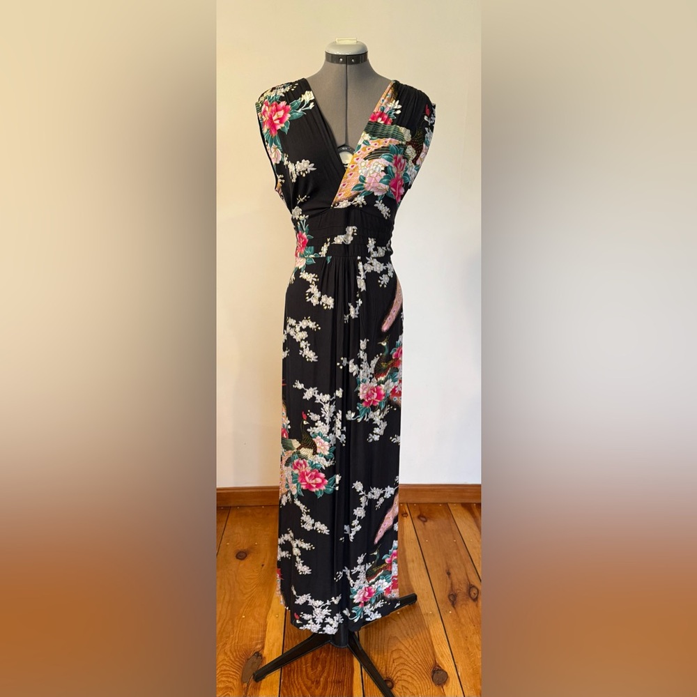 Floral Maxi Dress - Black with Pink and White Accents